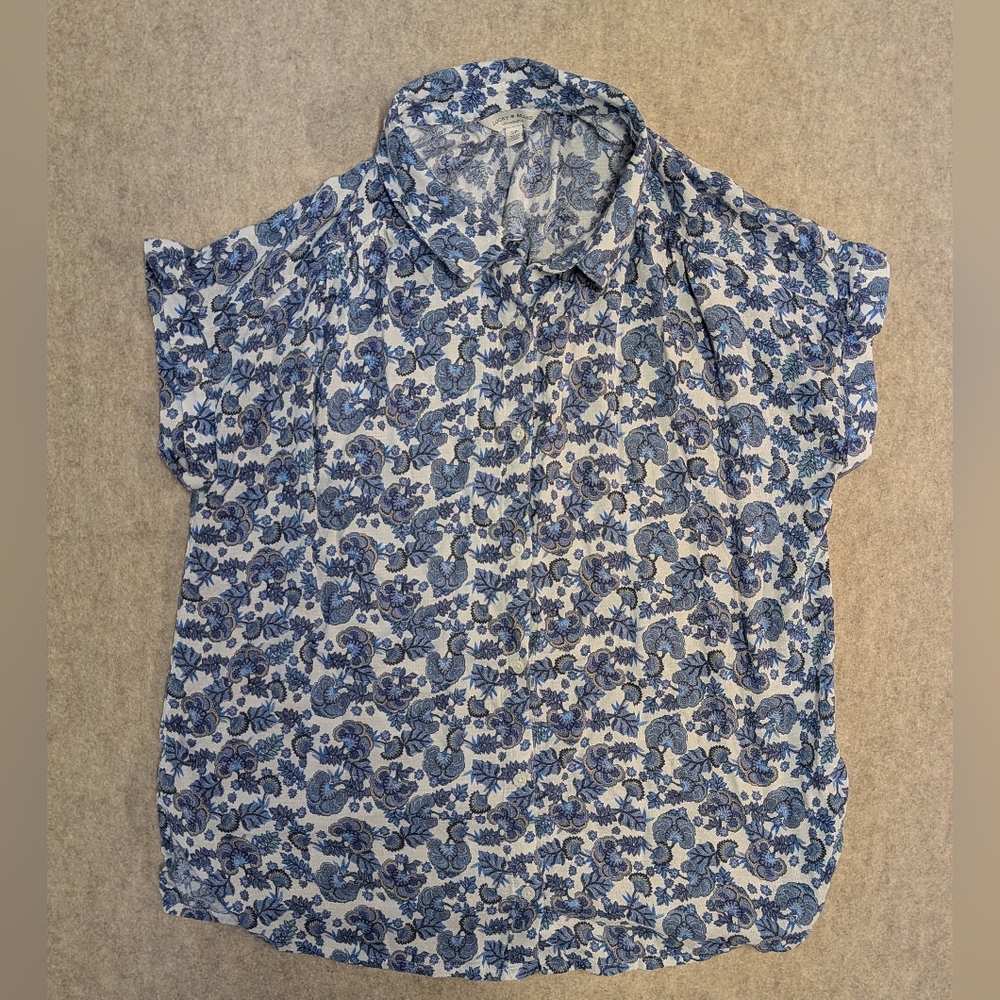 Lucky Brand Blue Floral Paisley Cap Sleeve Button Up Country Chic Shirt Small